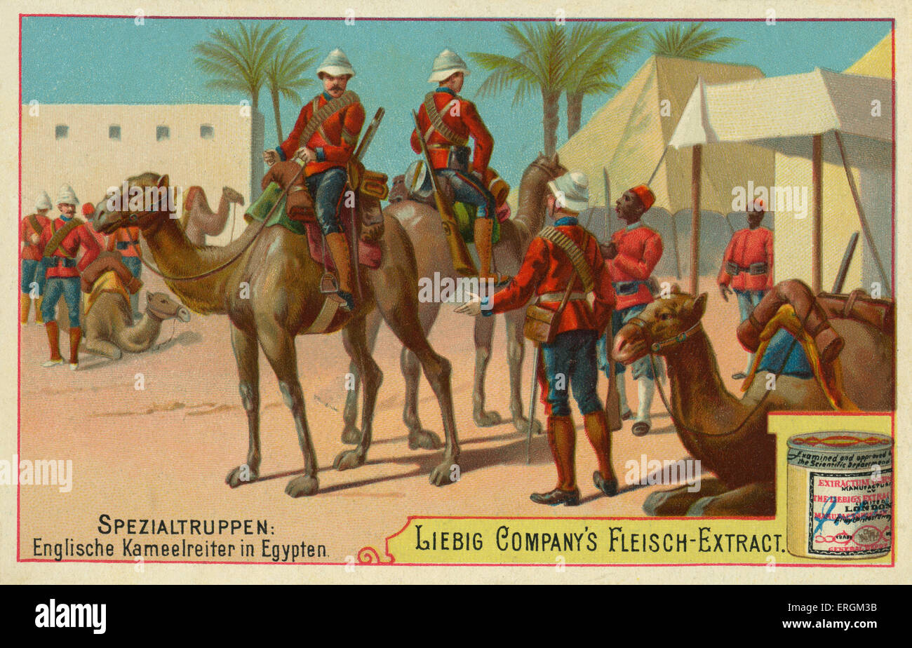 Cavalerie chameau anglais en Egypte. (Kameelreiter allemand:Englische dans Egypten). Carte Liebig, troupes spéciales,1897. Banque D'Images