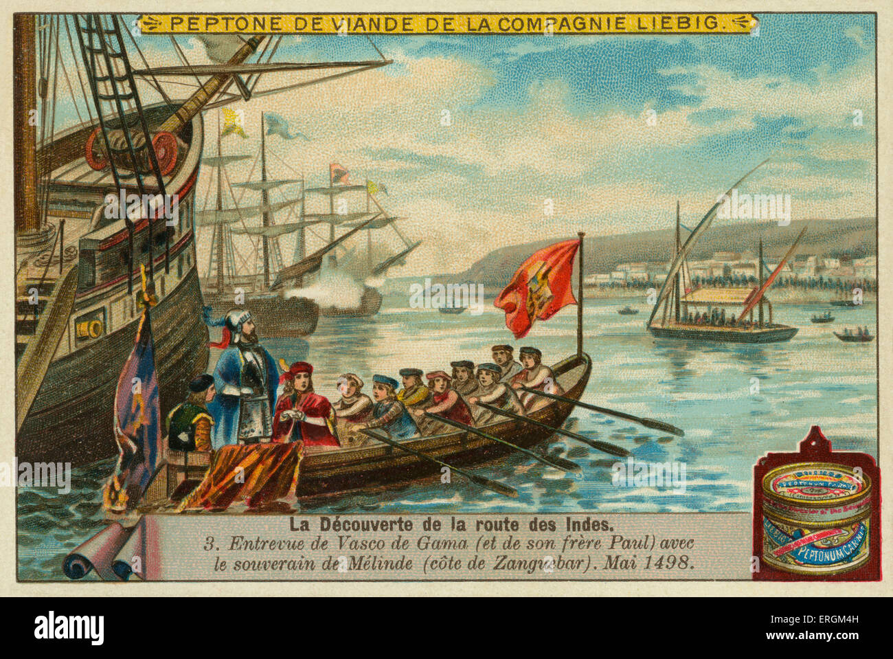 Vasco da Gama répond aux autorités de Malindi (avec son frère Paul) au large de la côte Swahili en mai1498 (Anglais : Entrevue de Vasco de Banque D'Images