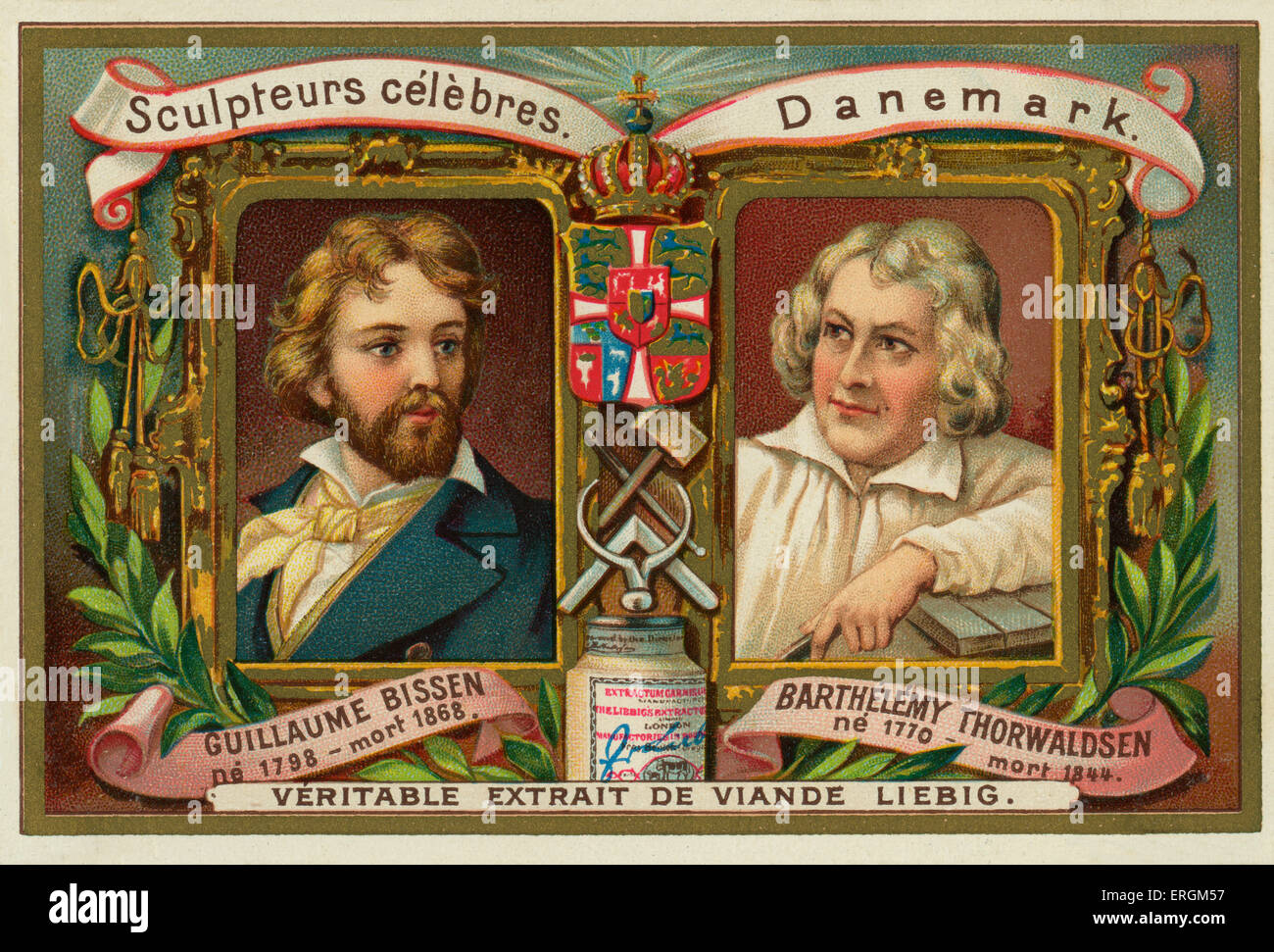 Guillaume Bissen (1798-1868) et Joseph Thorwaldsen (1770-1844) - célèbre sculpteur danois. Carte Liebig, célèbres sculpteurs, Banque D'Images