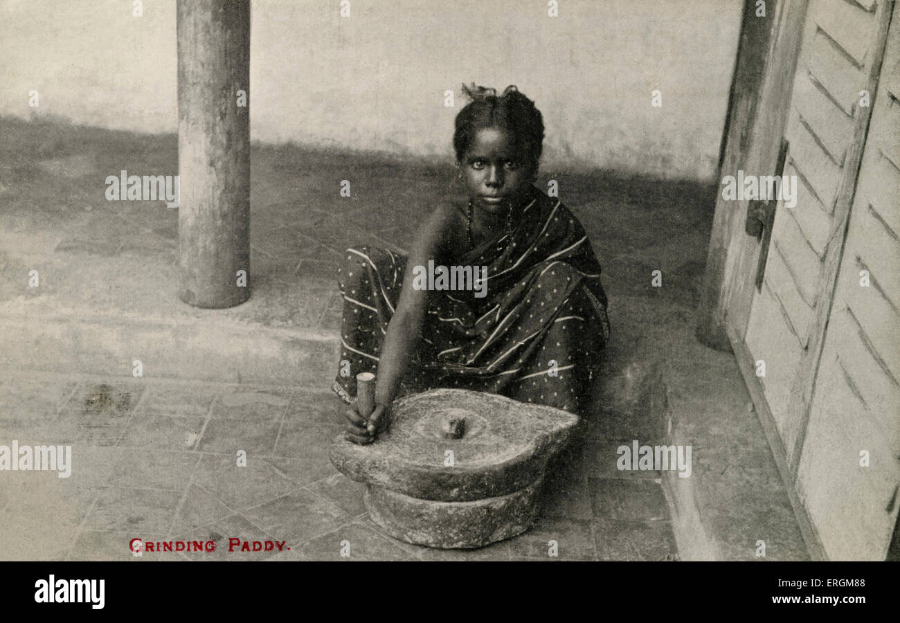 Indian girl le meulage de riz paddy. Photographie du début du xxe siècle. Banque D'Images
