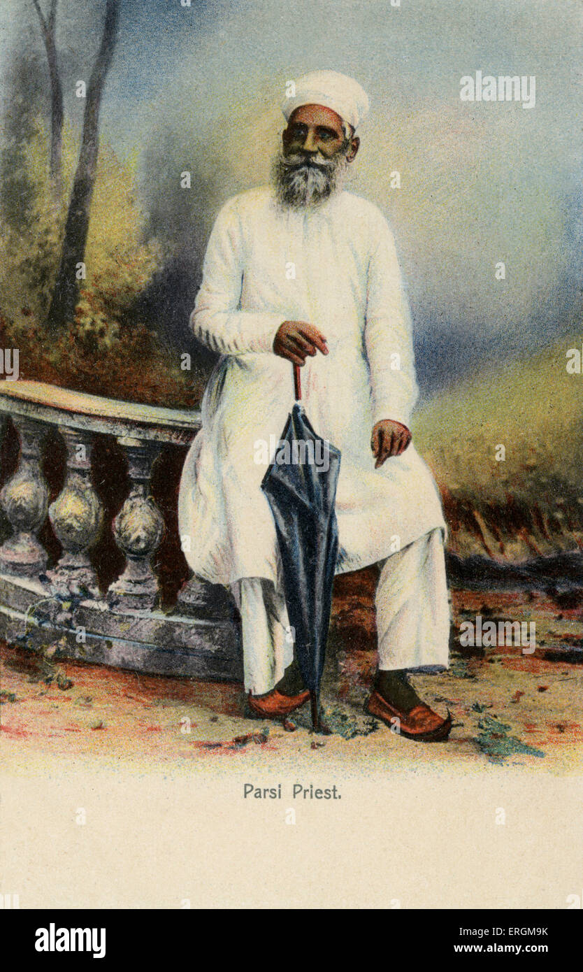 Parsi, prêtre de l'Inde britannique. Photo colorisée début du xxe siècle. La communauté zoroastrienne (Parsi) a occupé des postes de la haute puissance Banque D'Images