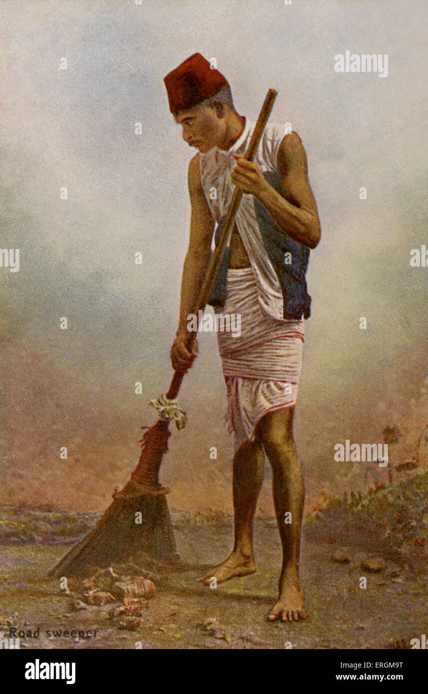Indian road sweeper. Photographie colorisée du début du xxe siècle. Banque D'Images