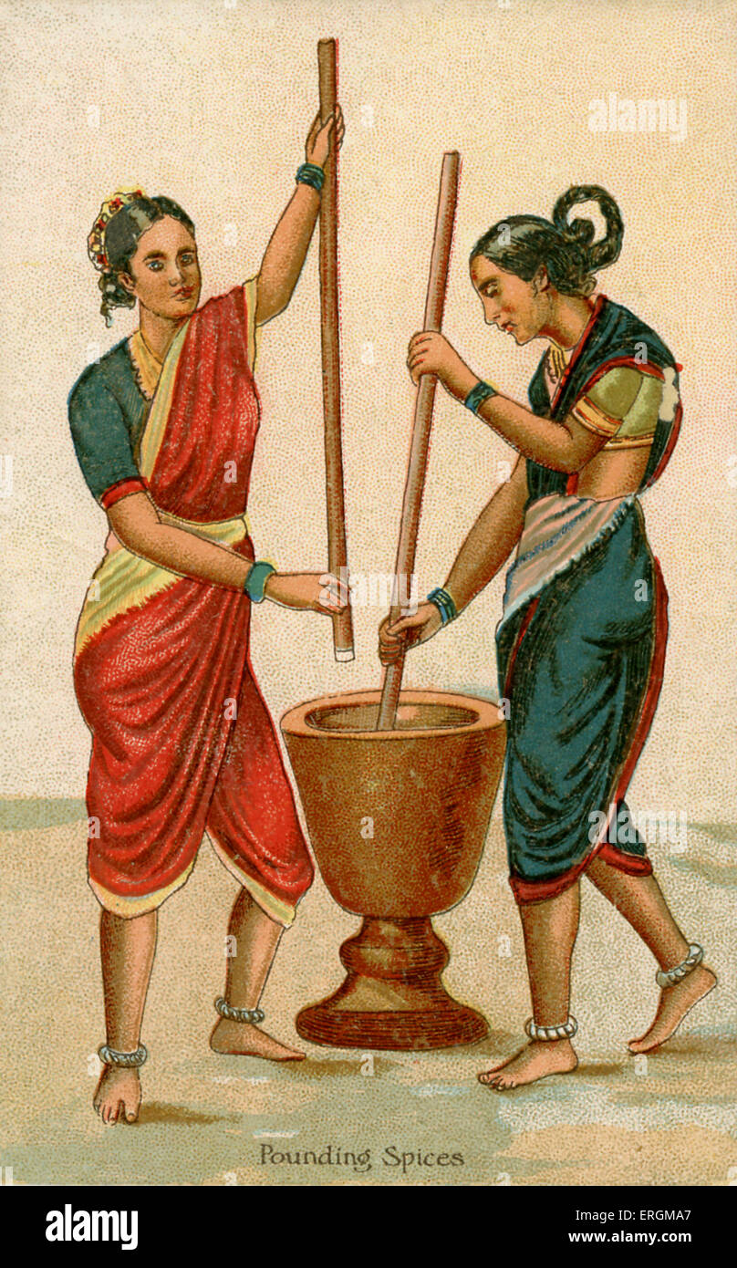 Les femmes indiennes l'écrasement d'épices. Illustration du début du xxe siècle. Banque D'Images