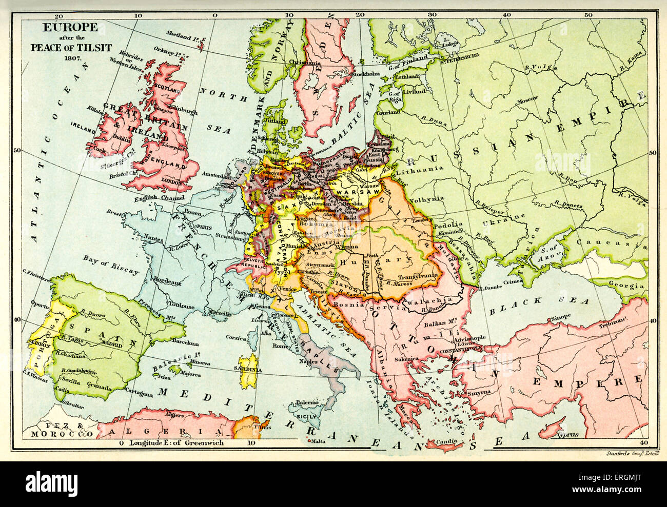 L'Europe après la paix de Tilsit (1807). La paix de Tilsit a été signé entre la Russie et la France. Banque D'Images