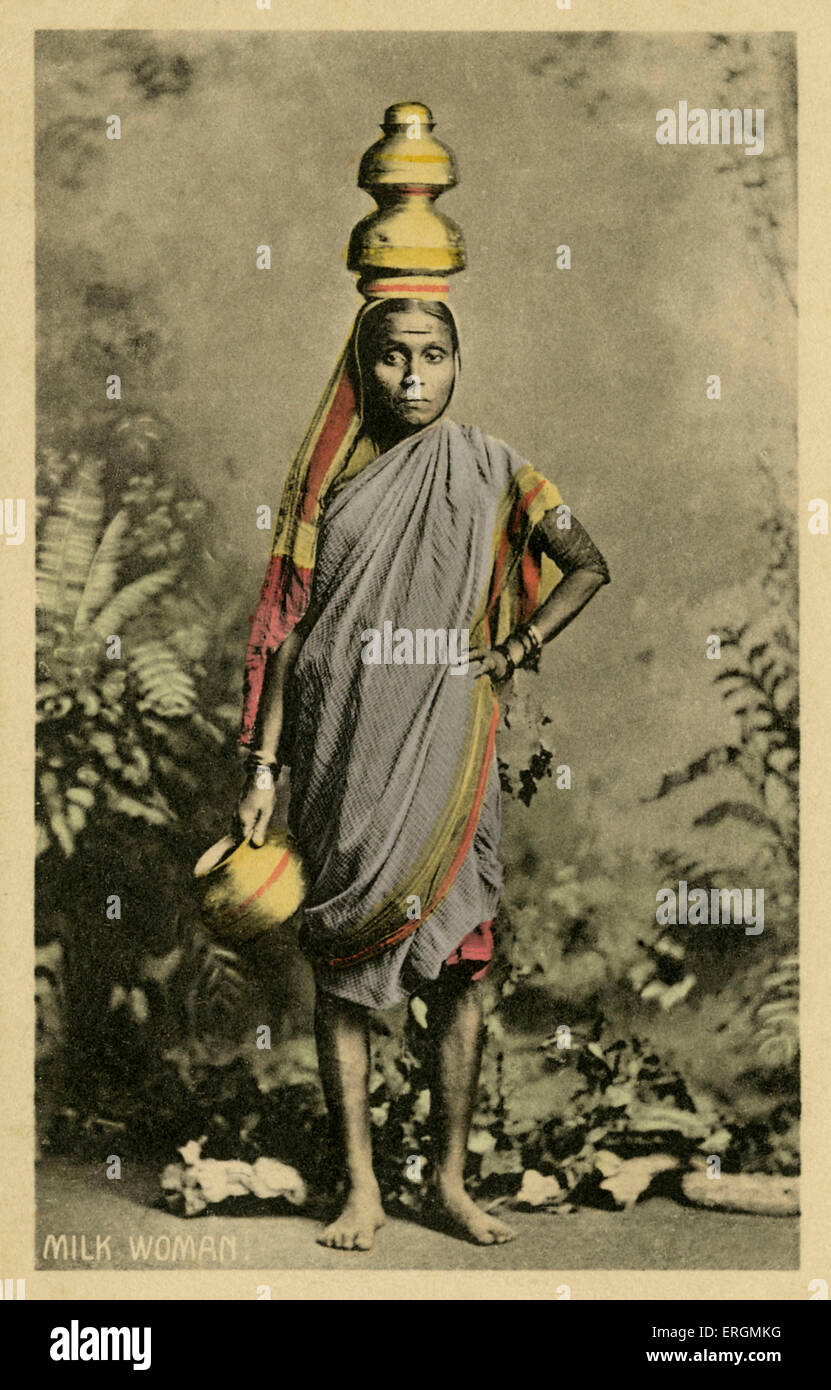 Un Indien, transporteur de lait photographie colorisée datant du début du xxe siècle. Banque D'Images