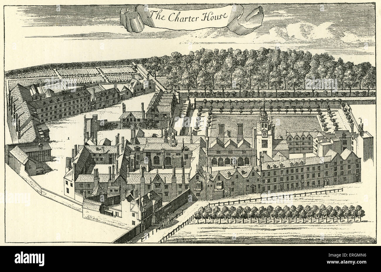 Chartreuse de Londres en 1611. Le site a été reconstruit en 1545 après la dissolution de l'Monastaries. Thomas Sutton a doté la Banque D'Images
