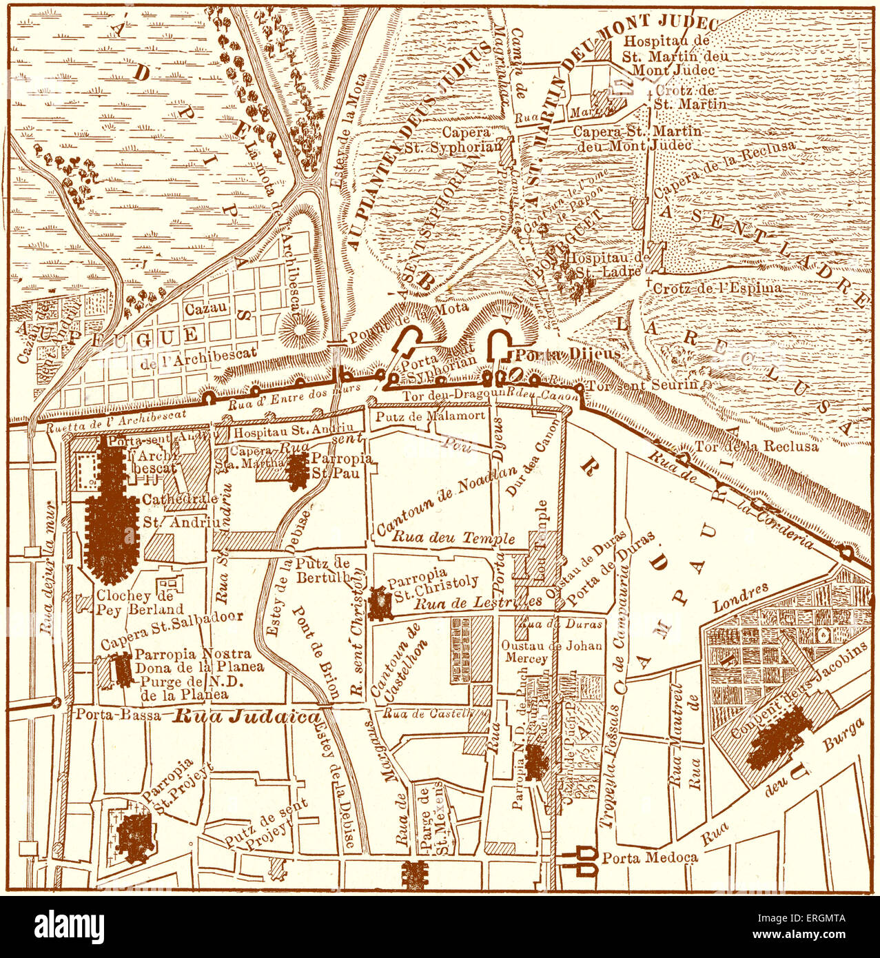 Nord-ouest de Bordeaux, Ch. 1450. Cette carte montre la "Rua Judaica' et le quartier juif au-delà des murs de la ville. Banque D'Images