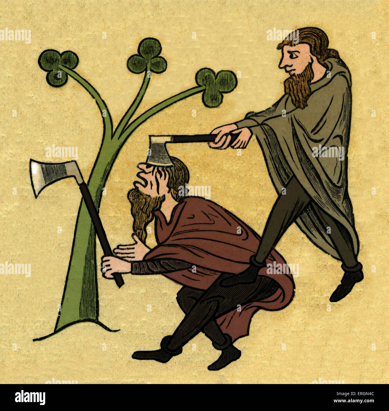 Deux combats irlandais avec axes, l'un frappe l'autre dans la tête. Après l'illustration Roy manuscrit, 13e siècle Banque D'Images