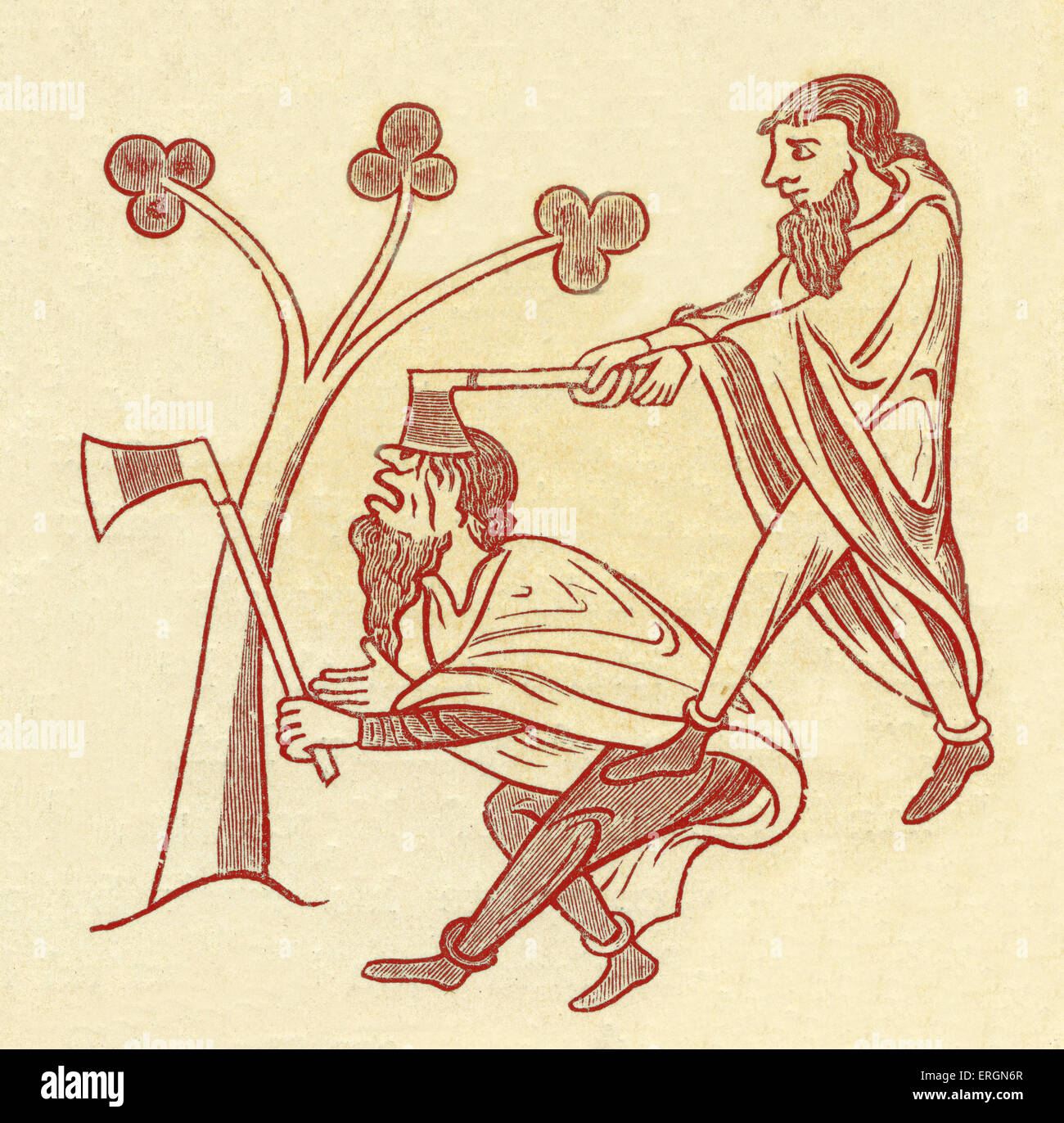Deux combats irlandais avec axes, l'un frappe l'autre dans la tête. Après l'illustration Roy manuscrit, 13e siècle Banque D'Images