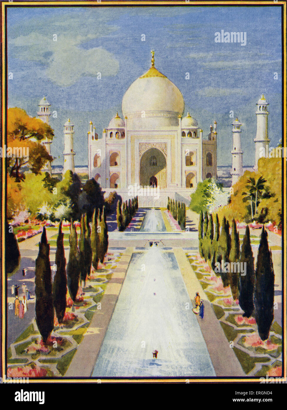 Taj Mahal. Sous-titre suivant : 'ce bel édifice, de marbre blanc, est le tombeau de l'empereur Shah Banque D'Images