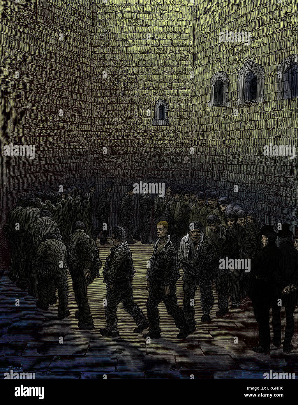 Le Londres victorien, Newgate Prison. Prisonniers dans la cour d'exercice. Gravure de Gustave Doré, de 'London, un pèlerinage, par Banque D'Images