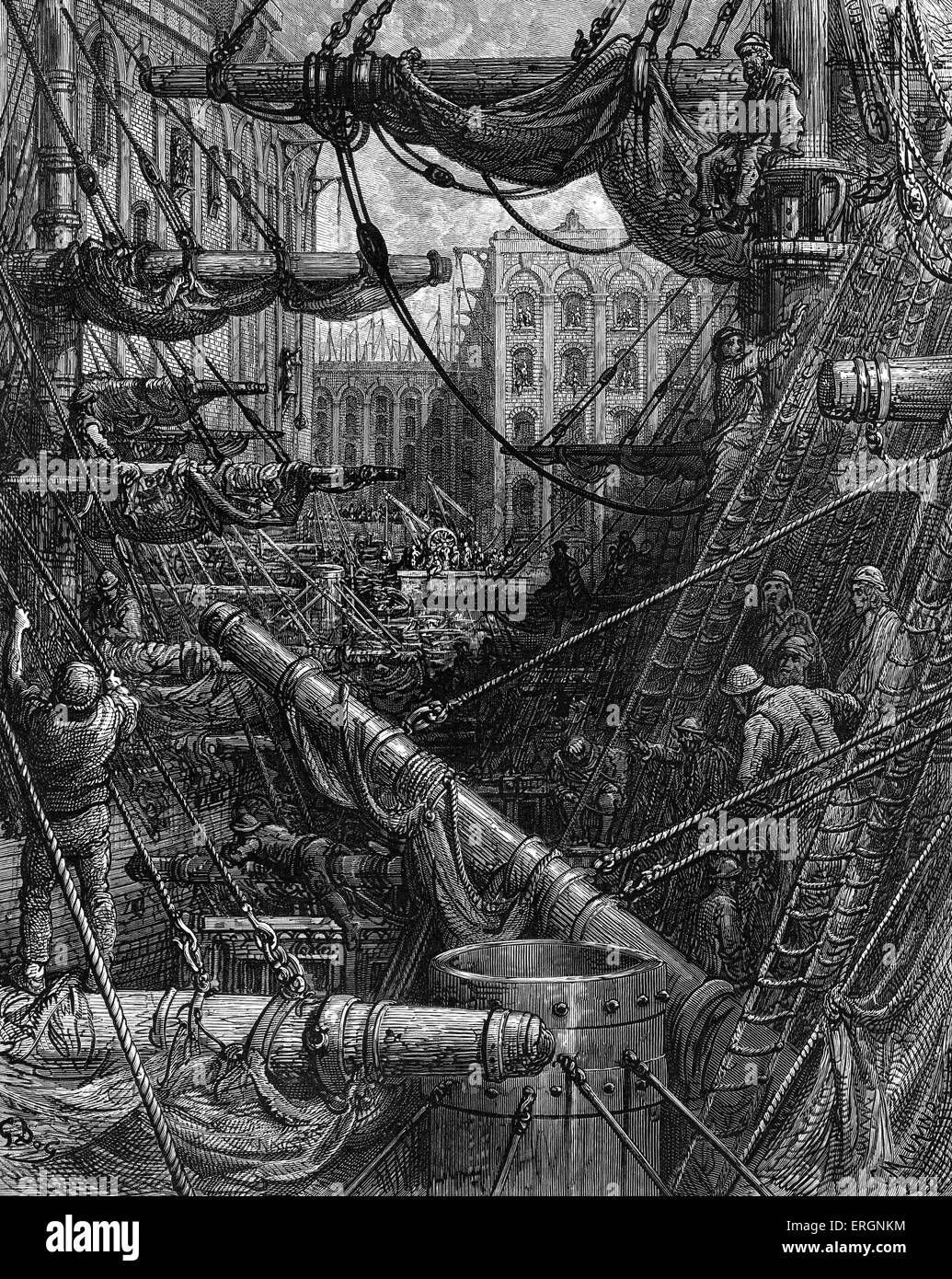 À l'intérieur des docks. Gravure de Gustave Doré, de 'London, un pèlerinage, par Gustave Doré et Blanchard Jerrold', 1872. Banque D'Images