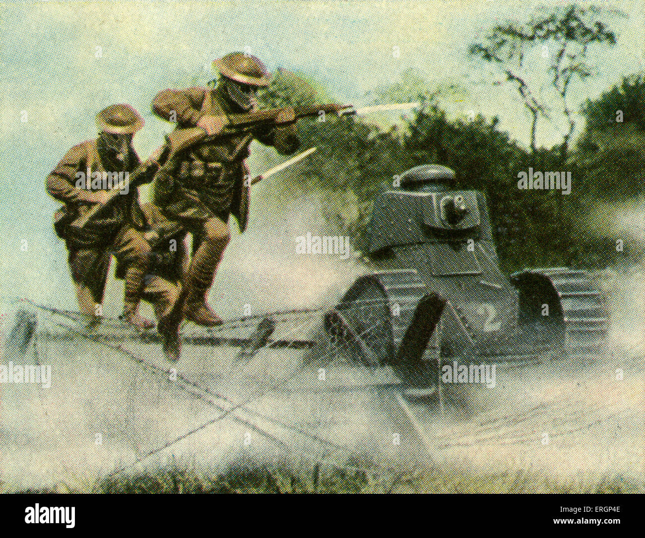 L'infanterie américaine avec 3-man réservoir pendant la tempête sturmangriff (attaque). (Source : cartes Cigarette publié en Allemagne Banque D'Images