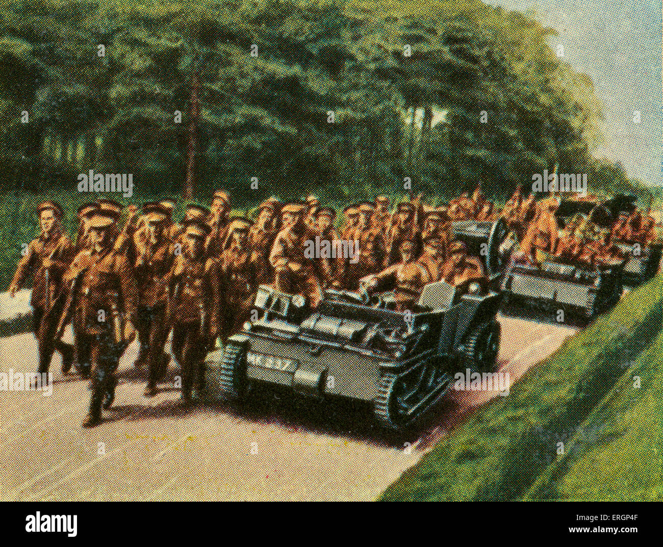 L'infanterie britannique advamce accompagnés de 2-man . (Source : cartes Cigarette publié en Allemagne c.1934 examen military Banque D'Images