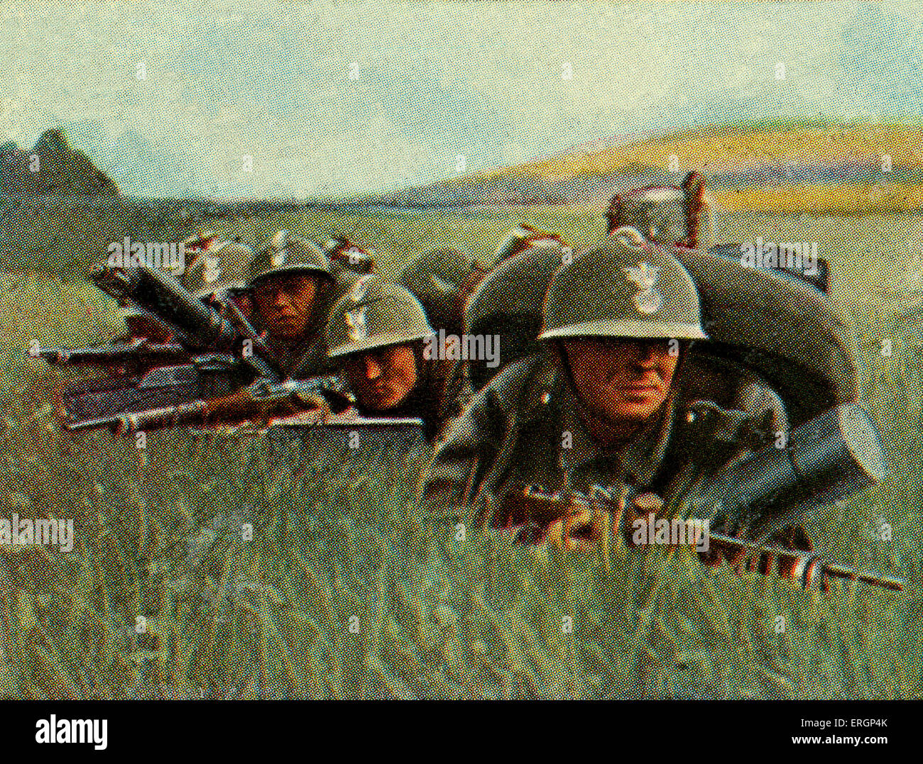 L'infanterie polonaise de mitrailleuses lourdes dans la bataille. La capacité est de 800 coups par minute. (Source : cartes de cigarette Banque D'Images
