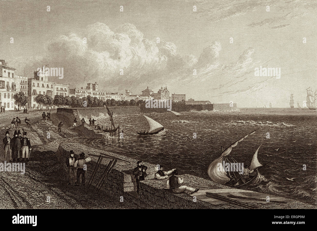 Vue de Cadix, Espagne. Principal accueil port de la marine espagnole depuis le 18e siècle. Vue du 19e siècle. Après la gravure de Banque D'Images