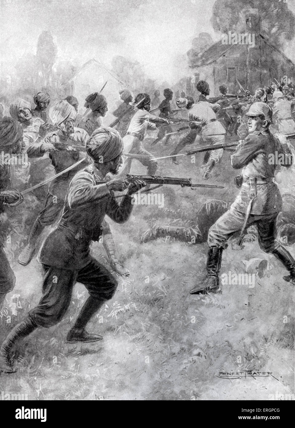 L'armée britannique des Affaires indiennes, le 58 Vaughan's Rifles (Frontier Force) attaque contre les soldats allemands à la baïonnette. Banque D'Images