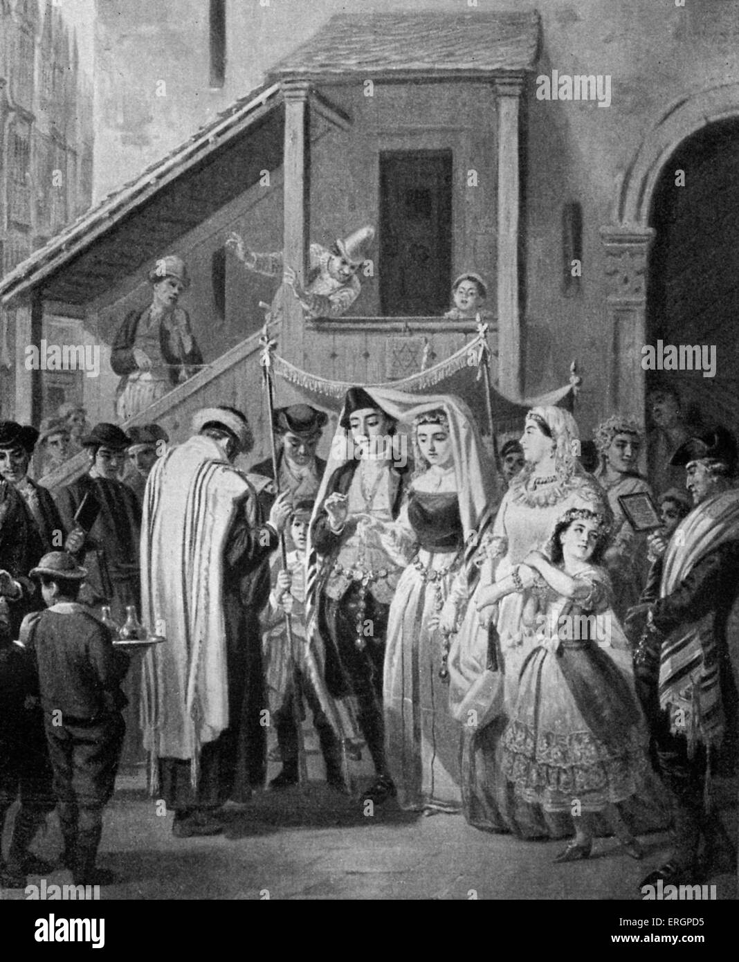 Mariage selon la coutume juive. Cérémonie de mariage avec l'époux et permanent, sous couvert de mariage. 18e siècle Banque D'Images
