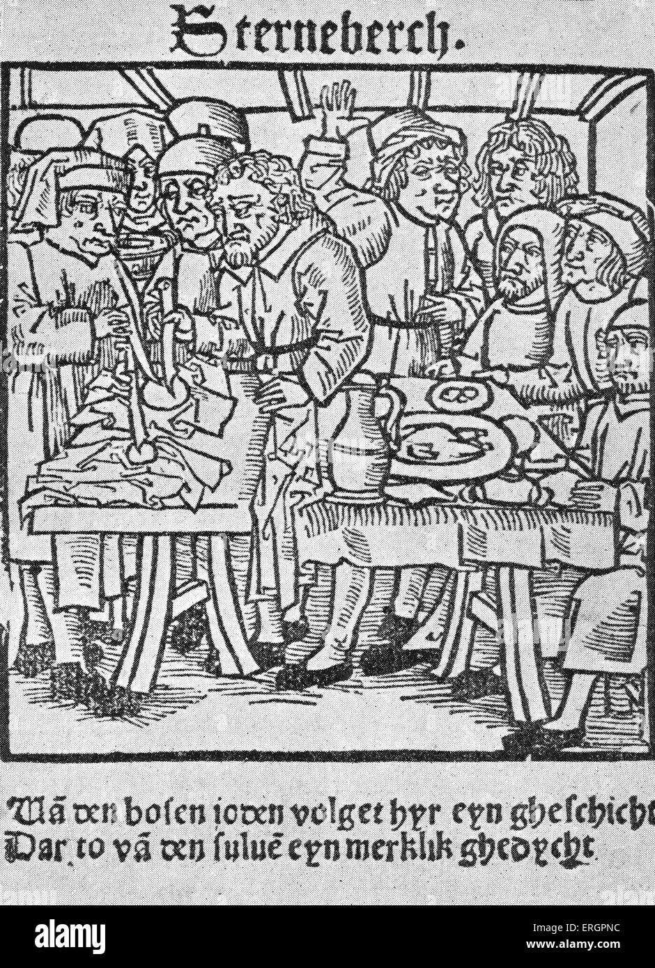 Juifs de Sternberg représenté comme transperçant les hôtes. Xylographie antisémites de 1492 Lubeck.( souillant l'hôte ou wafer sacré de la messe. Au Moyen Âge les Juifs étaient souvent accusés d'avoir profané l'hôte, une accusation de l'égalité dans l'action de la gravité que de profaner des reliques et des images de Jésus et des saints. Cette accusation a fait des milliers de Juifs au pieu. Les Juifs sont accusés de voler l'hôte ou de l'acquérir par achat ou la corruption, à la briser ou consultez-la, et à coller des aiguilles dans elle ou transpercer il, après quoi il a commencé à saigner.) libelles anti-juive Banque D'Images