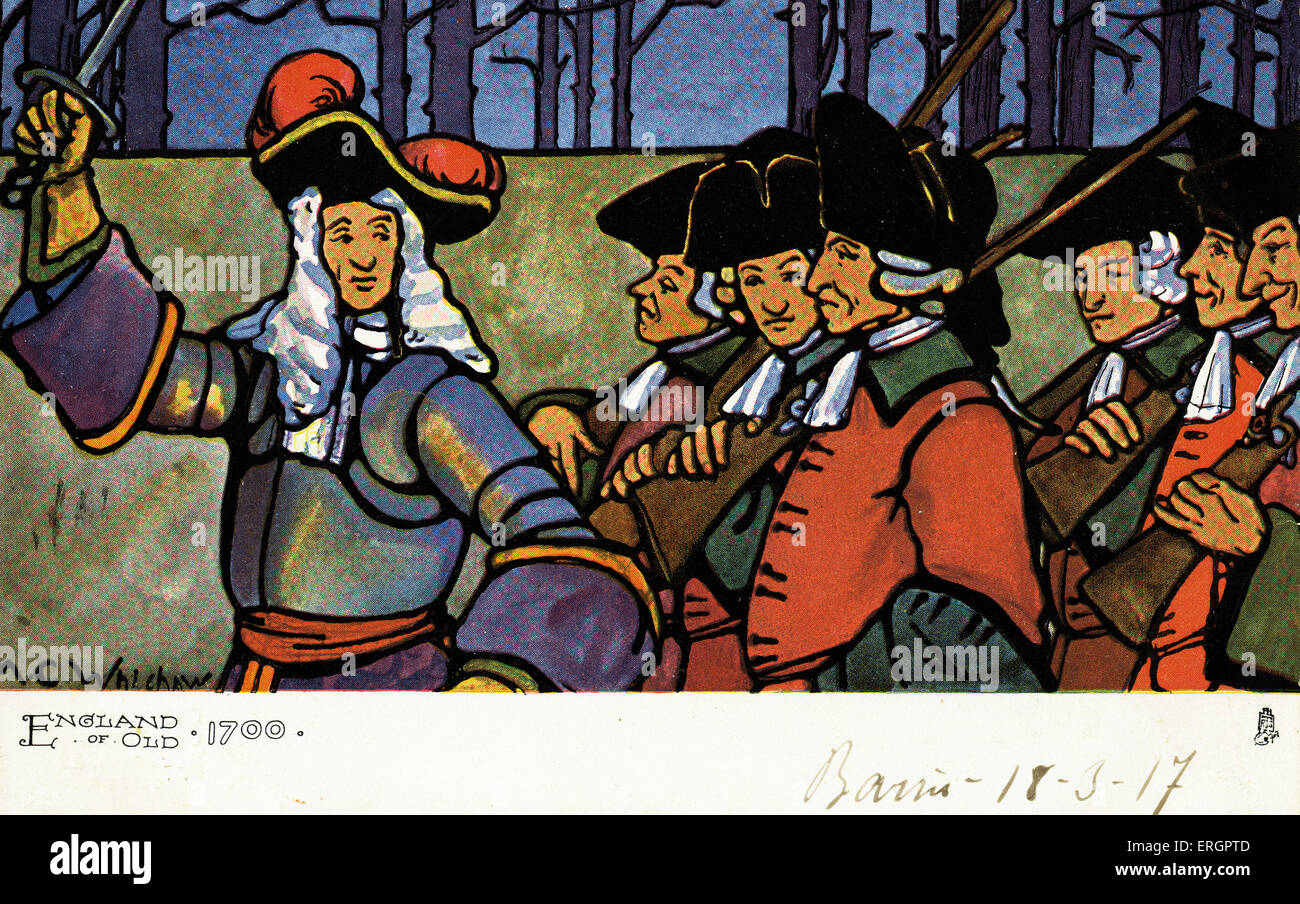 Costume militaire anglais, 1700. Groupe de soldats portant des épées et des armes à feu, le port de manteaux rouges, les cravates, les perruques et chapeaux tricorne. Après l'illustration par M C Whishaw. Banque D'Images