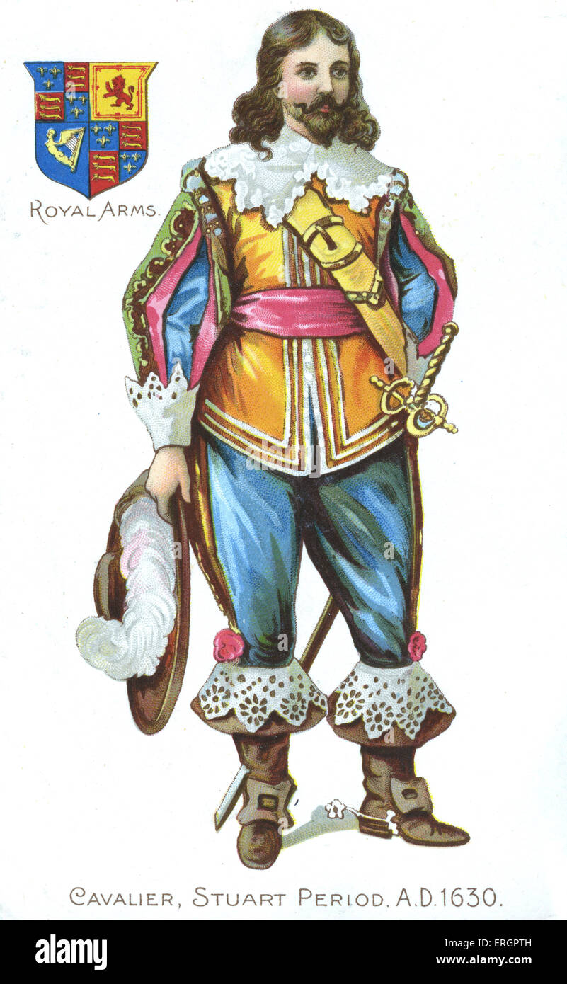 Anglais Cavalier, 1630. Royalistes vêtus de façon typique, vêtu d'un pourpoint de satin colorés avec un large col de dentelle Banque D'Images