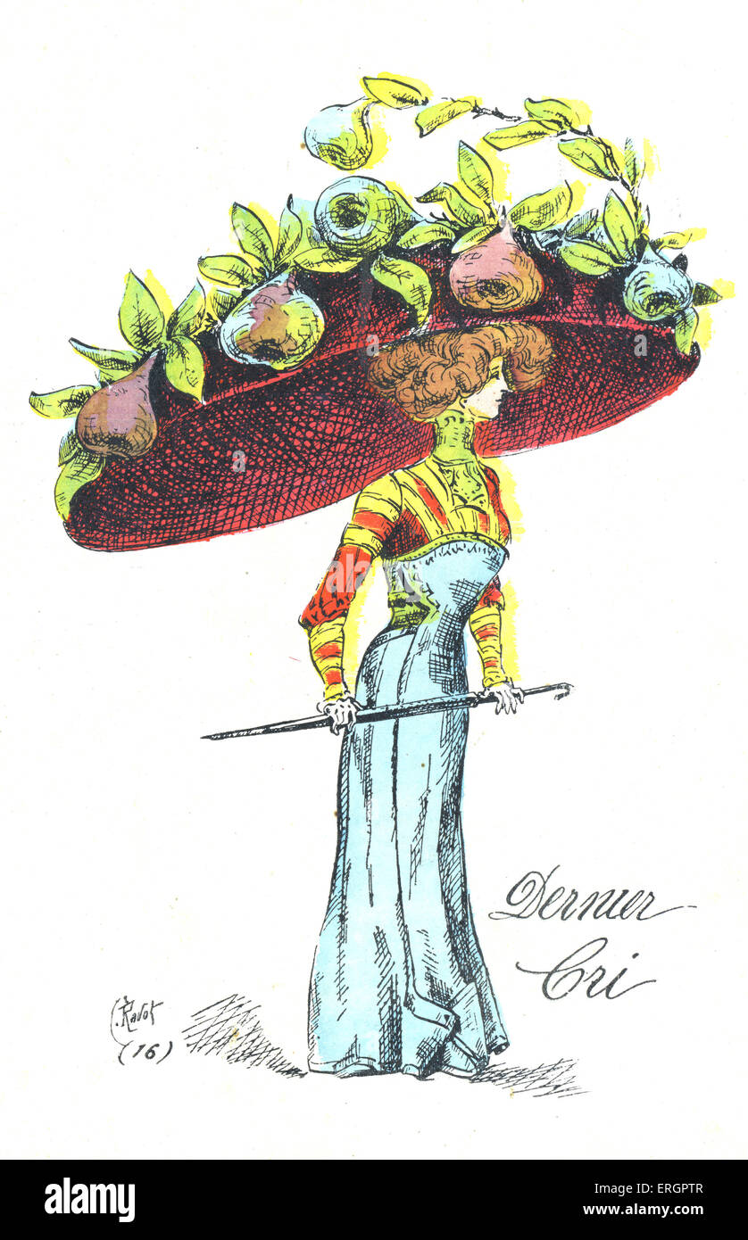 Hat d'ernomous la proportion, l'illustration de mode du début des années 1900. Une femme porte un grand chapeau orné de feuilles et les poires, elle Banque D'Images