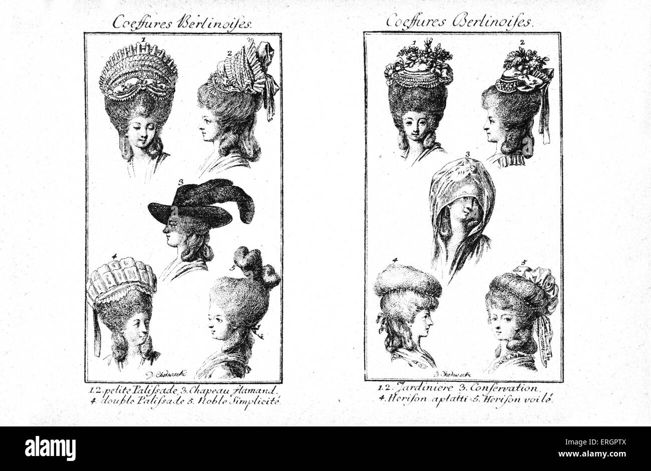 Coiffures de Berlin 1790. Sélection de styles populaires d'accessoire de la capitale allemande. Banque D'Images