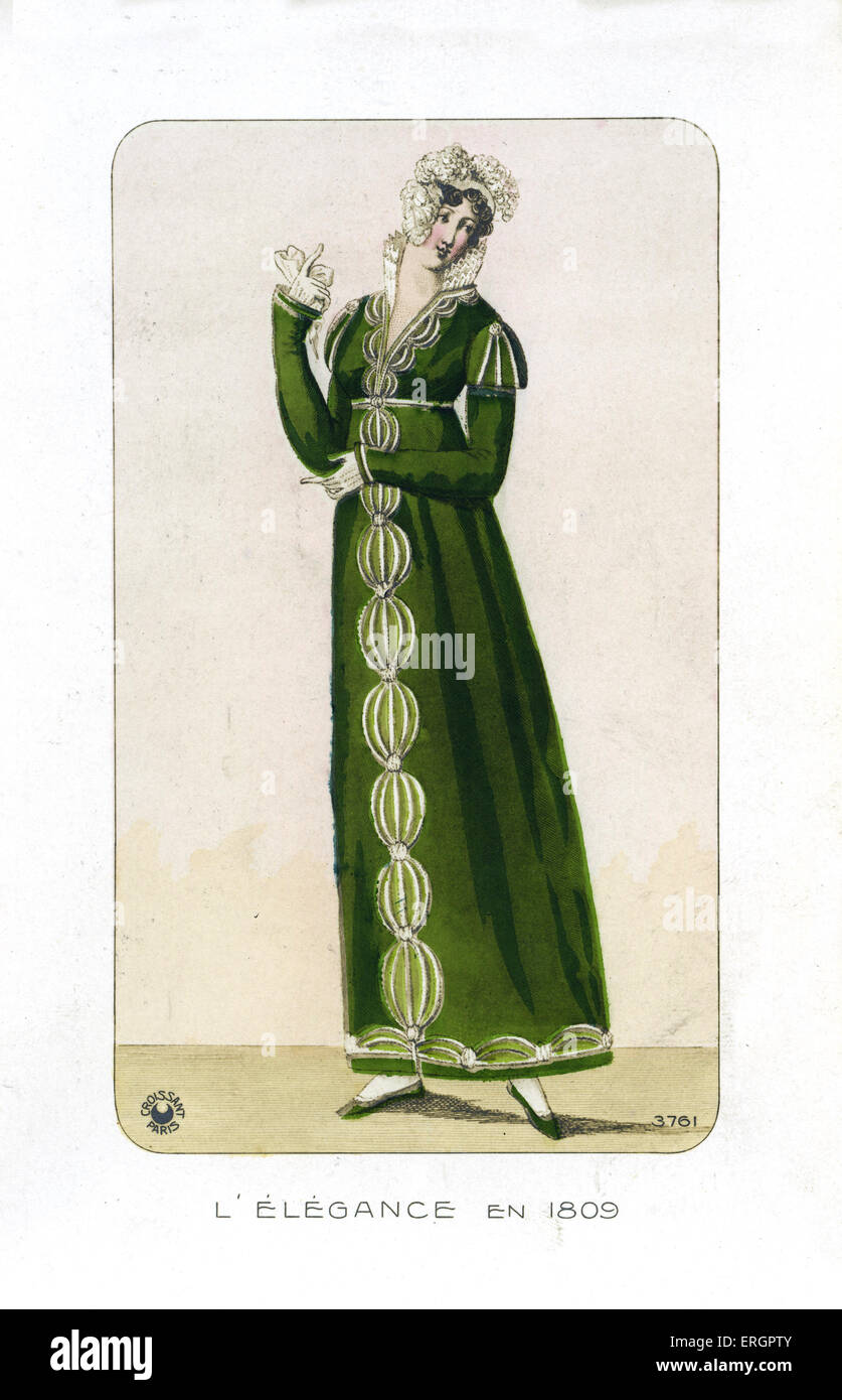 La mode du 19e siècle. Robe et chapeau décoratif à partir de 1809. Banque D'Images