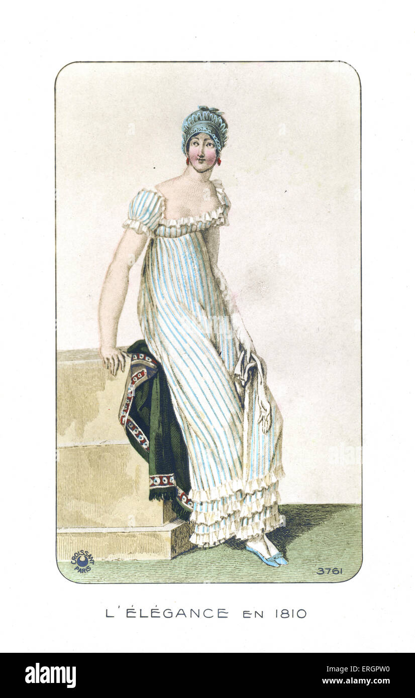 La mode du 19e siècle. Ruffle dentelle robe ajustée et hat à partir de 1810. Banque D'Images