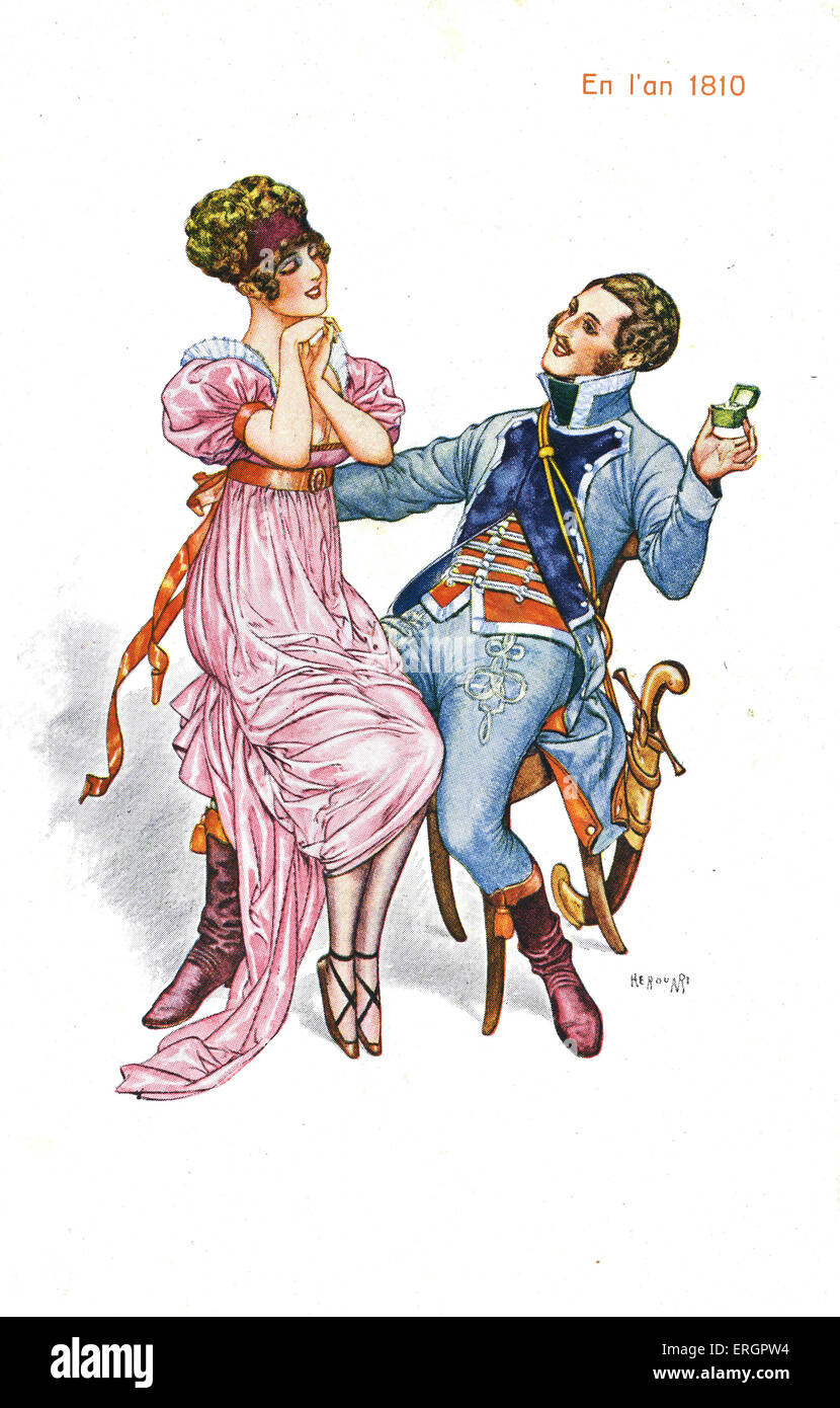 Proposition de mariage, 1810. Couple en robe typique du xixe siècle. L'homme porte une épée (peut-être un soldat ?). Banque D'Images