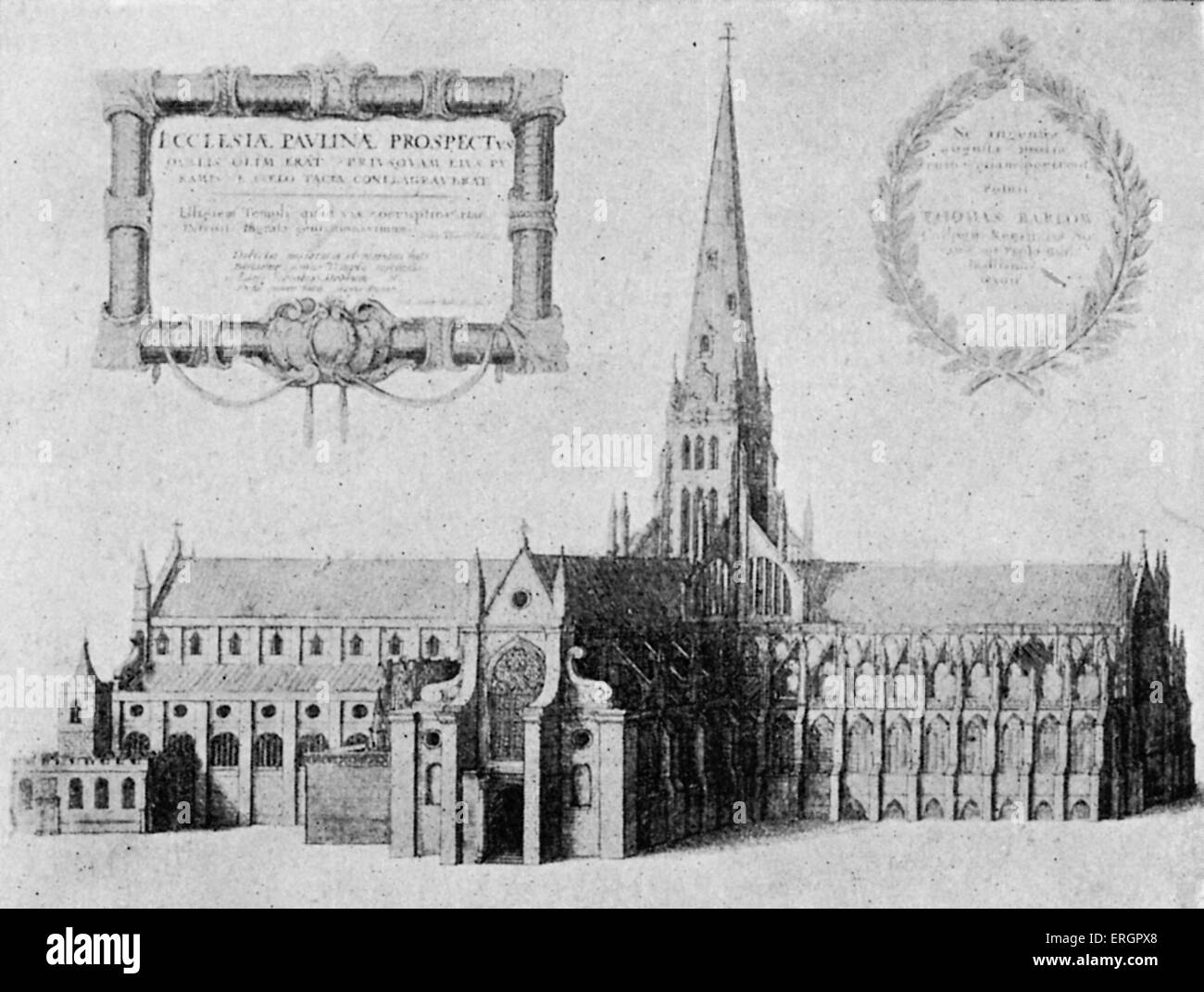 Vue de la Cathédrale St Paul vieille, avant la combustion lente de la flèche en 1561. La cathédrale médiévale qui se tenait sur le site de la Banque D'Images