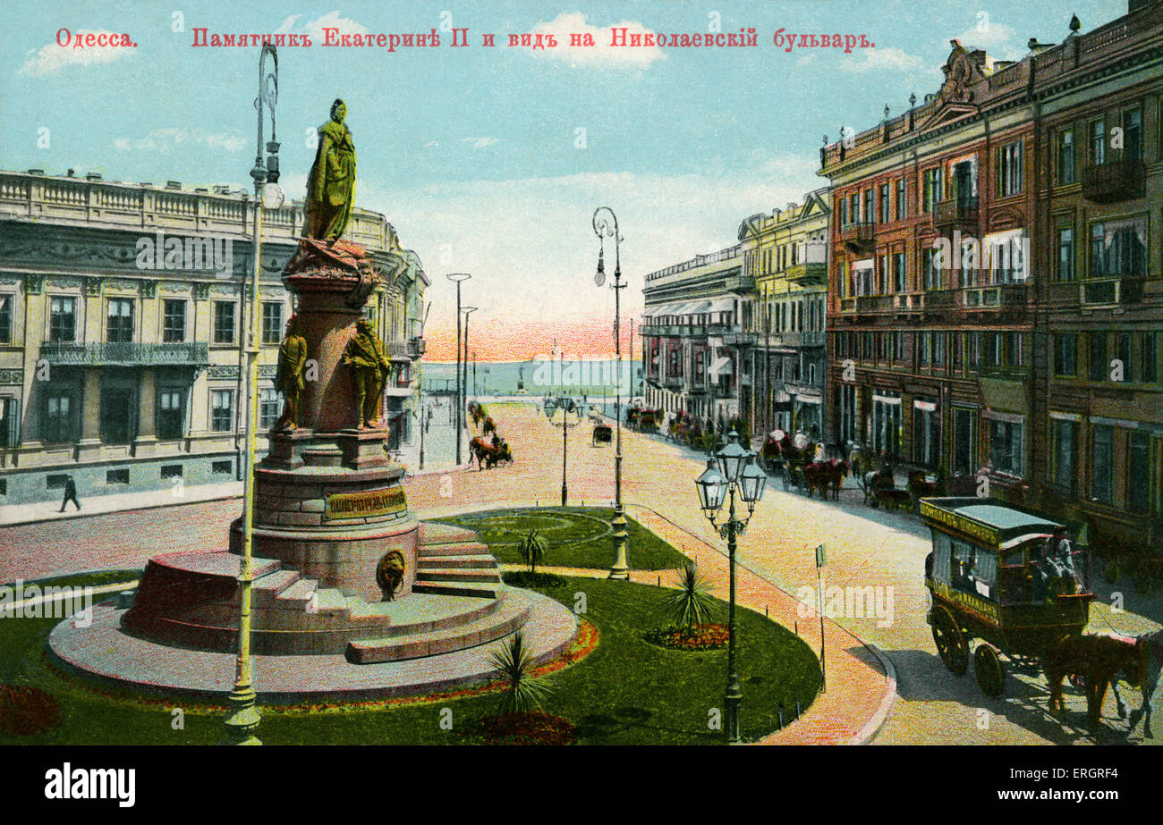 Odessa, au début du xxe siècle. La Grande Catherine (Catherine II) monument et vue sur Nikolaievsky, ouvrant sur le Boulevard Banque D'Images