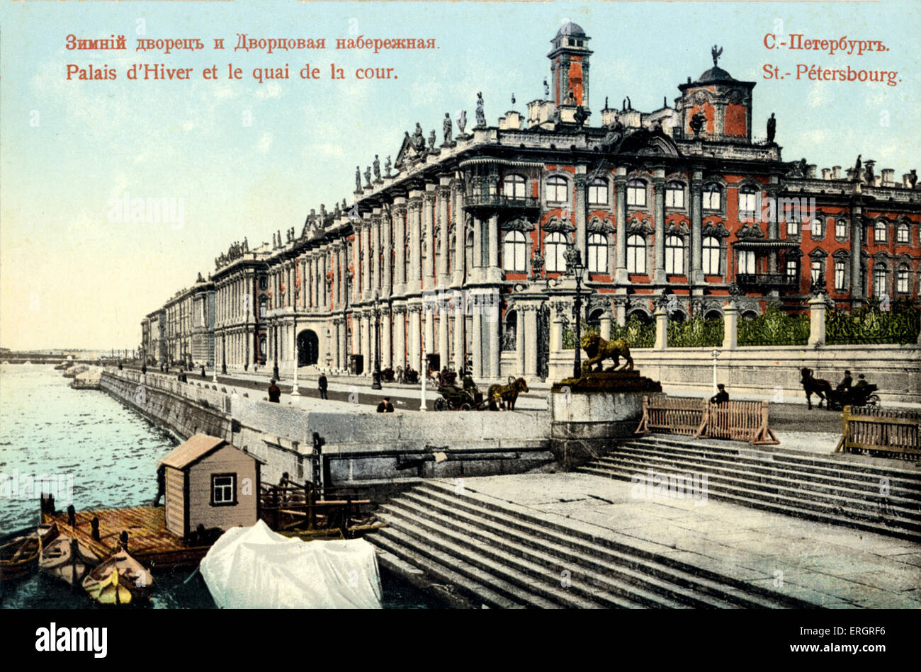 Saint-pétersbourg, au début du xxe siècle. L'hiver. Palace (maintenant aussi Musée de l'Ermitage) et la rivière Neva banque. Colorisées Banque D'Images