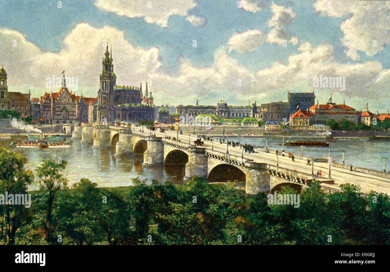 Dresde. Vue de la ville avec König Friedrich August pont, rivière Elbe, Kreuzstraße et Schlossplatz. Richard Strauss et Wagner. L'Allemagne. Carte postale peinte. Banque D'Images