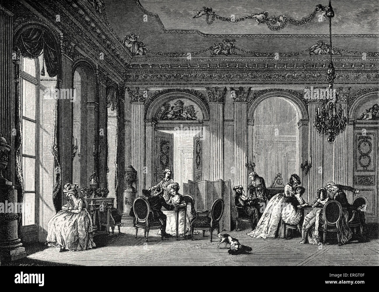 La vie quotidienne dans l'histoire française : une réunion aristocratique, un salon de coiffure. La haute société, fonctionnaires en arrière-plan, loisirs, divertissement, Banque D'Images