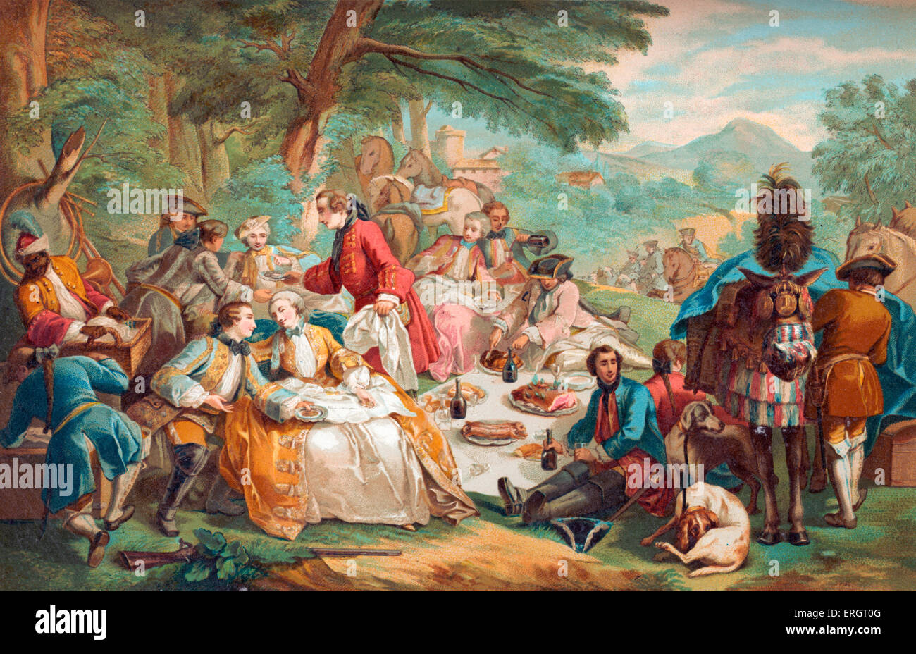 La vie quotidienne dans l'histoire française : une partie de tir au déjeuner pique-nique, un aristocrate. La haute société, loisirs, divertissement. 18e Banque D'Images