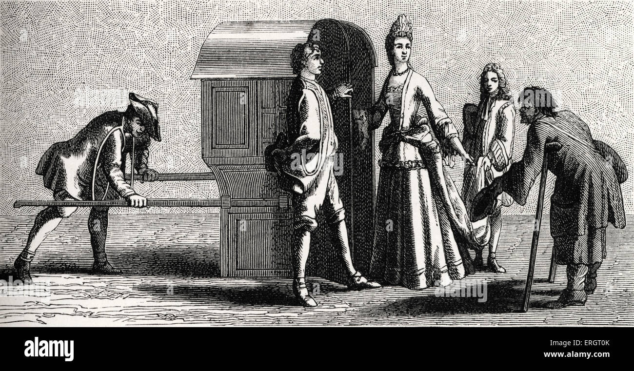 La vie quotidienne dans l'histoire française : une dame habillée à la mode d'entrer dans son sedan-président avec l'aide de ses serviteurs. Banque D'Images
