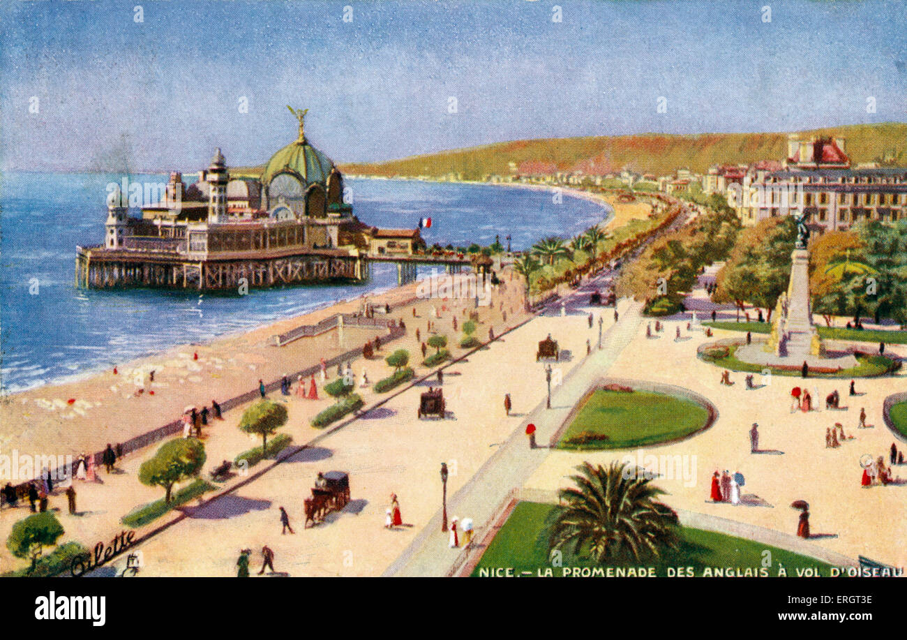 Nice - La Promenade des Anglais, vue aérienne. Personnes promenading sur cette fameuse rue. Ville de bord de mer. Carte postale. Banque D'Images