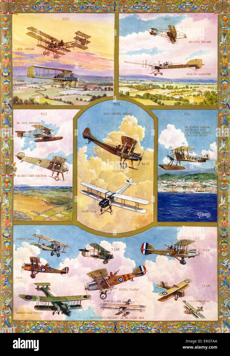 "Les progrès de l'aviation de 1910 à 1918' - illustration de divers les avions britanniques / aéronefs utilisés à des fins civiles et militaires Banque D'Images