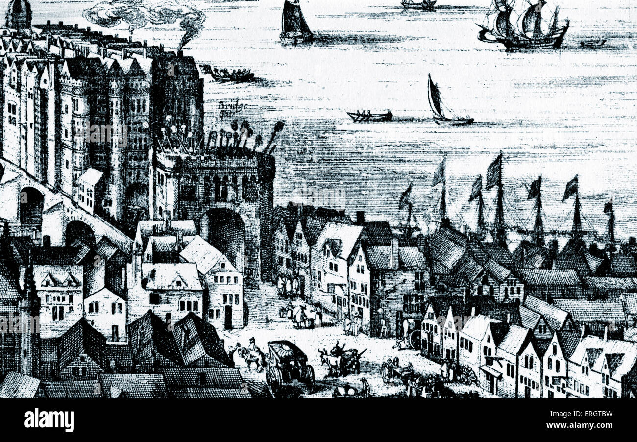 La fin de l'ancien London Southwark Bridge , 1616. Gravure de J. Visscher Banque D'Images