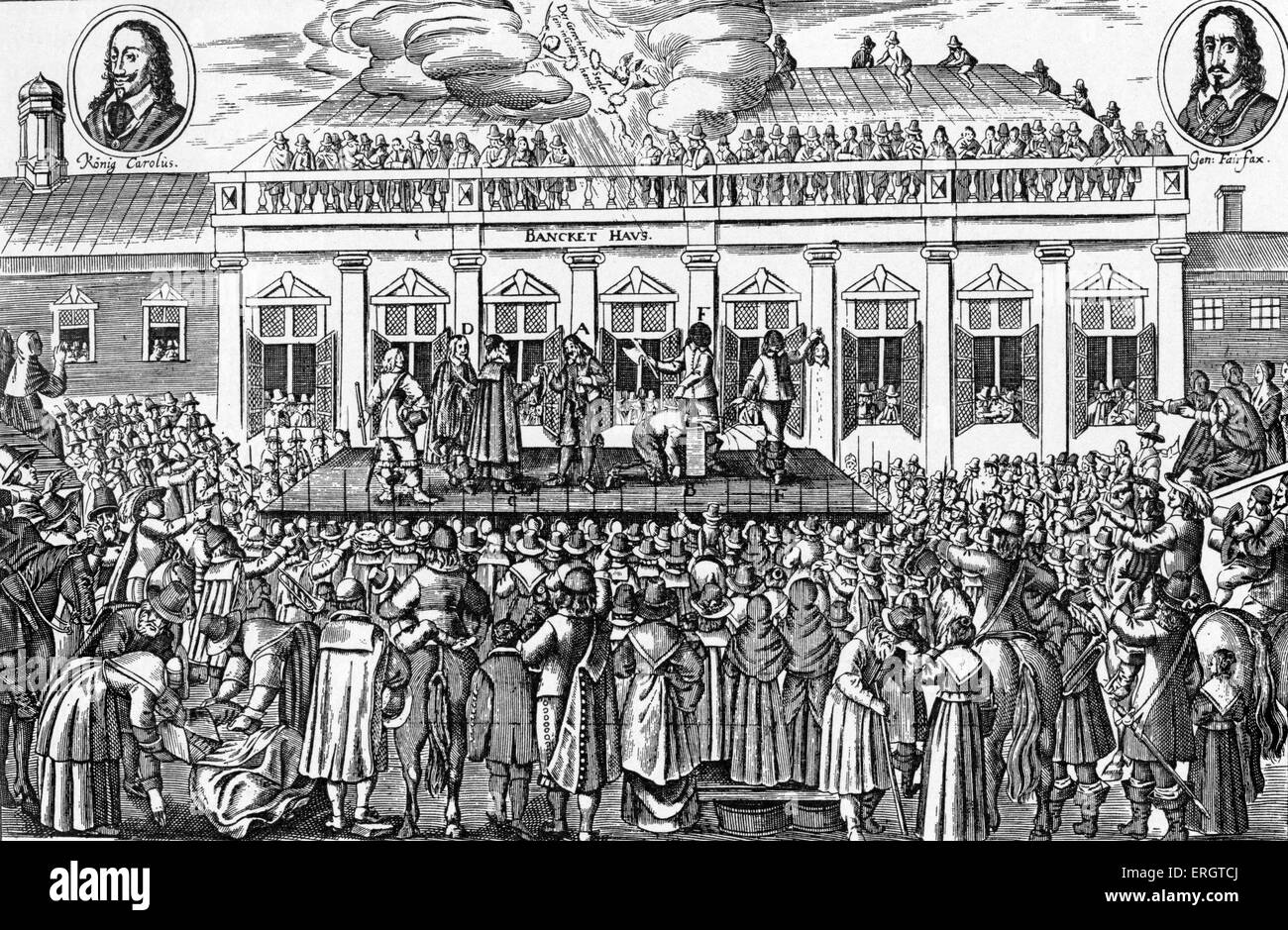 Charles I - l'exécution du roi d'Angleterre. Gravure contemporaine. Avec des portraits de Charles I et Sir Thomas Fairfax. Banque D'Images