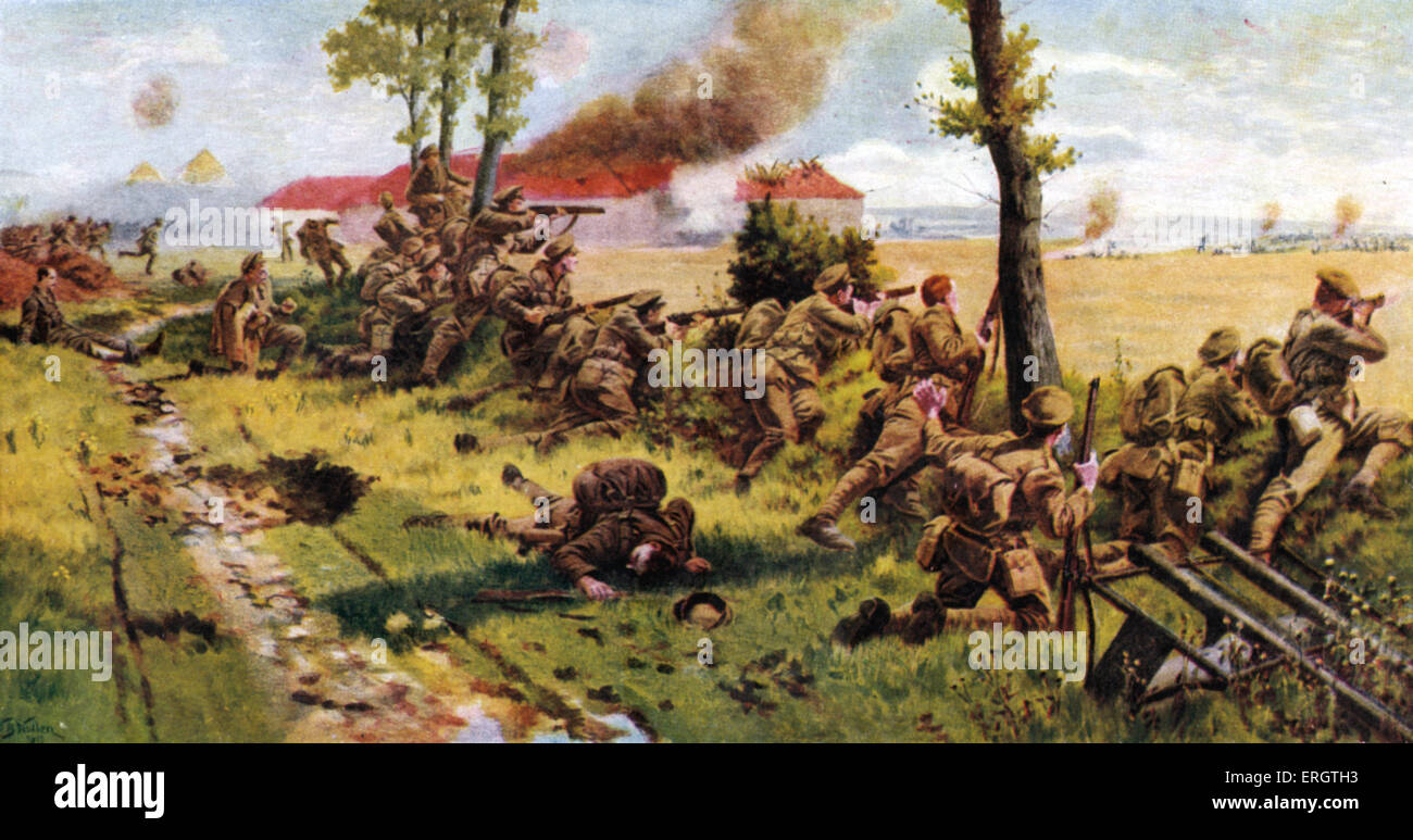 Les troupes britanniques se battre en rase campagne avant la guerre de tranchées, l'automne 1914. Un essaim de champ-gris est montré sur l'approche Banque D'Images