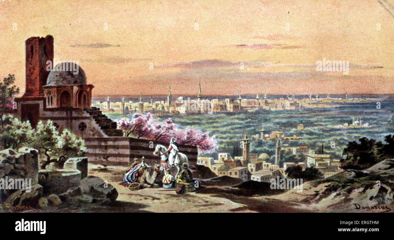 Damas. L'homme sur l'affaire avec les commerçants, au milieu de la ville en toile de fond. Capitale de la Syrie. Banque D'Images