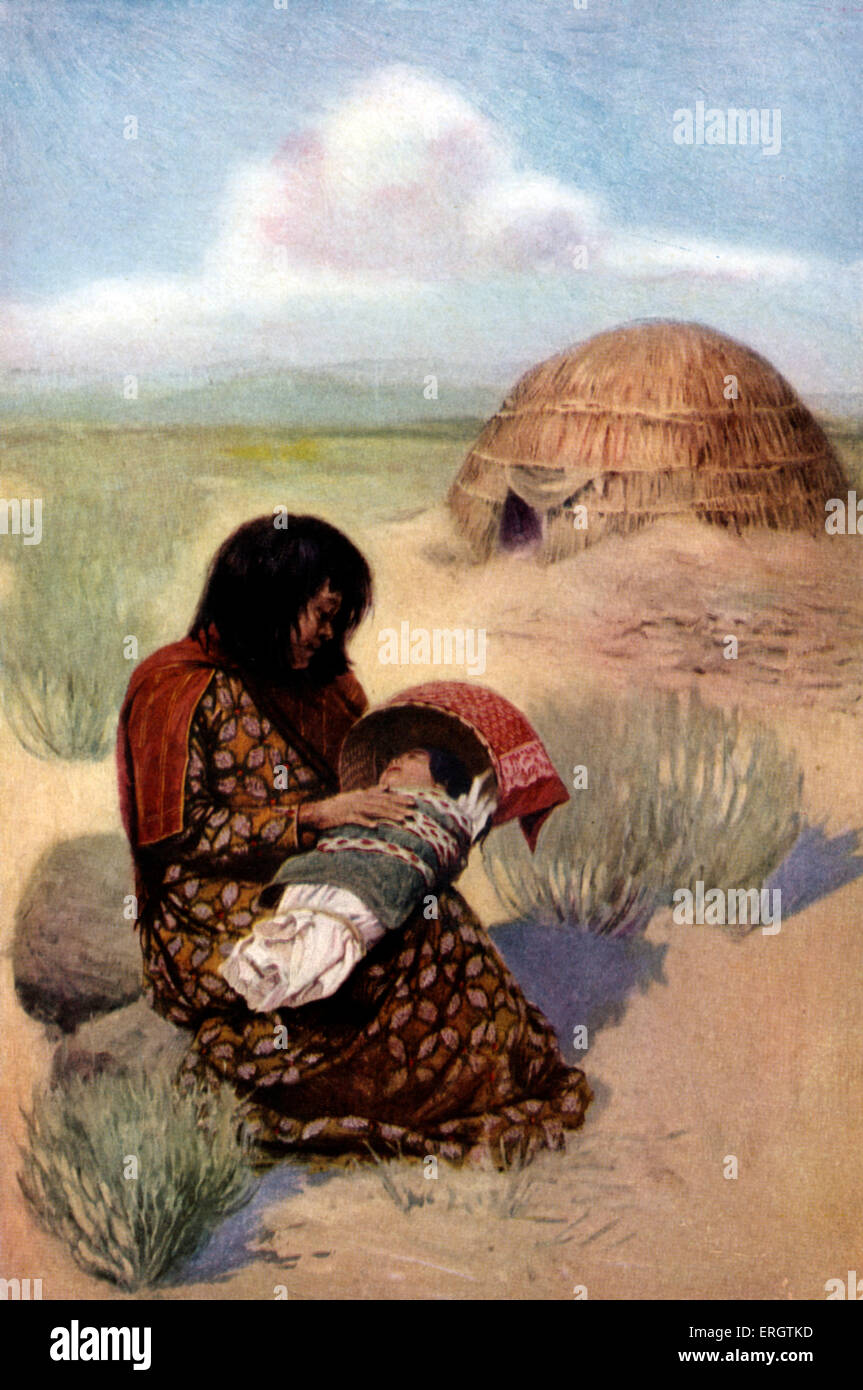 Native American Mère avec enfant de la tribu Pima. Dans l'arrière-plan : cabane en forme de dôme faite de poteaux pliable, couverts de Banque D'Images