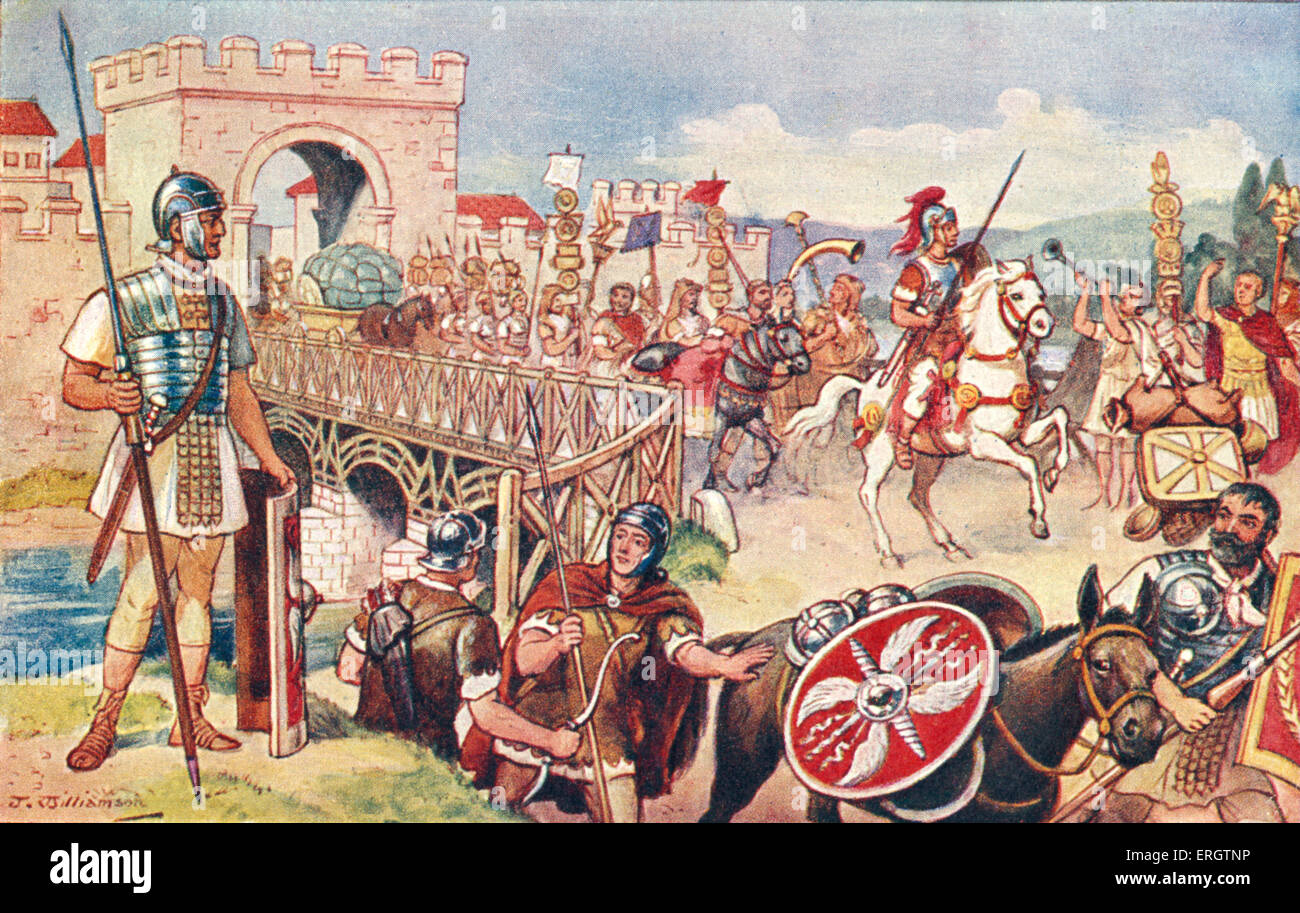L'Empire romain - une colonne de soldats avançant dans un pont. Procession. Casque, lance, bouclier, cheval, chevaux, armures, Banque D'Images