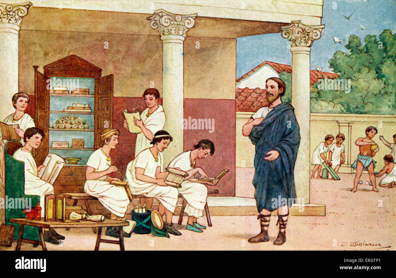L'Empire romain - une école. Romains, TOGA, togas, élève, élèves, l'éducation, papyrus, défilement, morte, tablette graphique. Banque D'Images