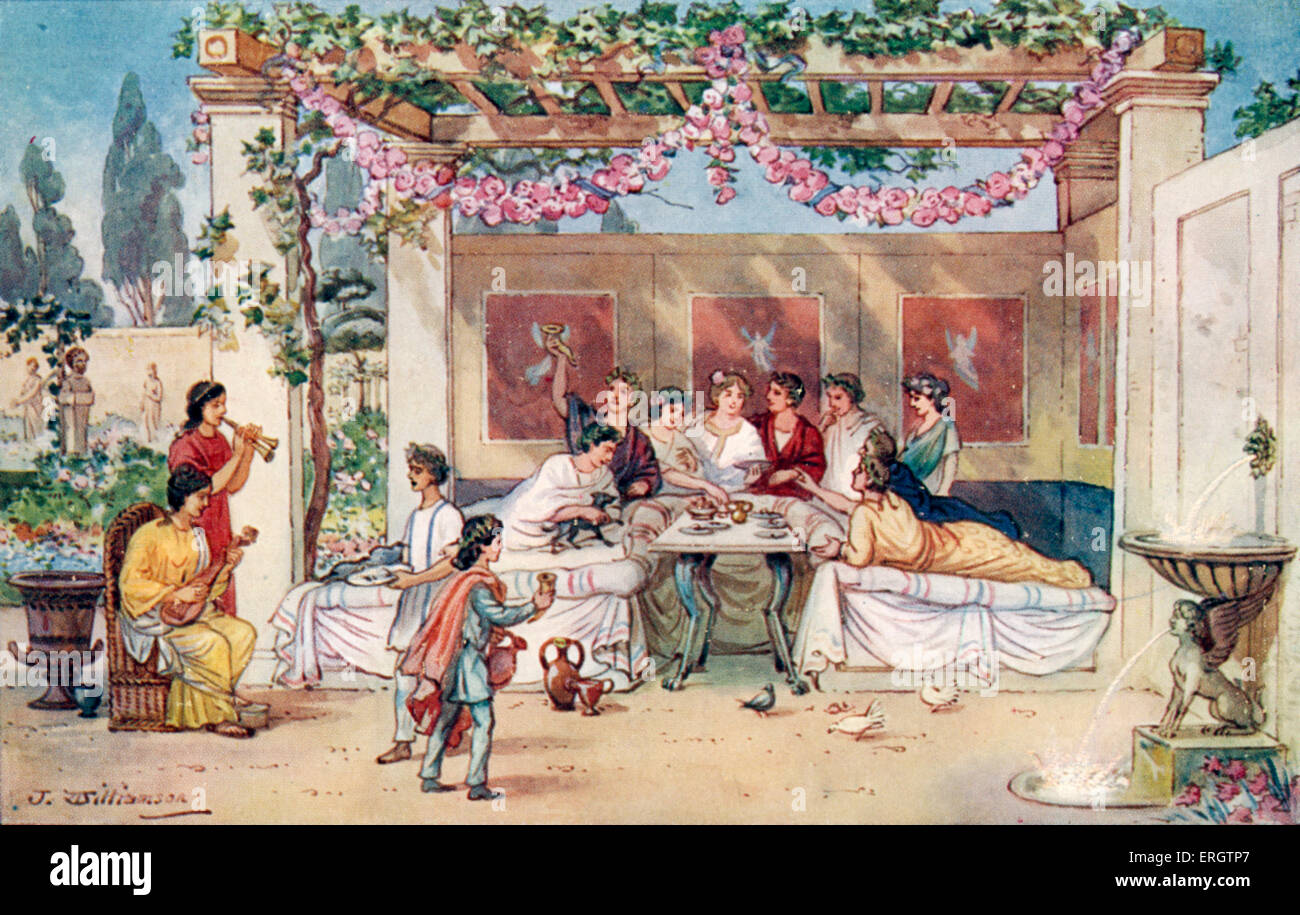 L'Empire romain - dîner dans le jardin. Romains, nourriture, fête, fêtes, réceptions, banquets, repas, fontaine, fontaines, loisirs, Banque D'Images