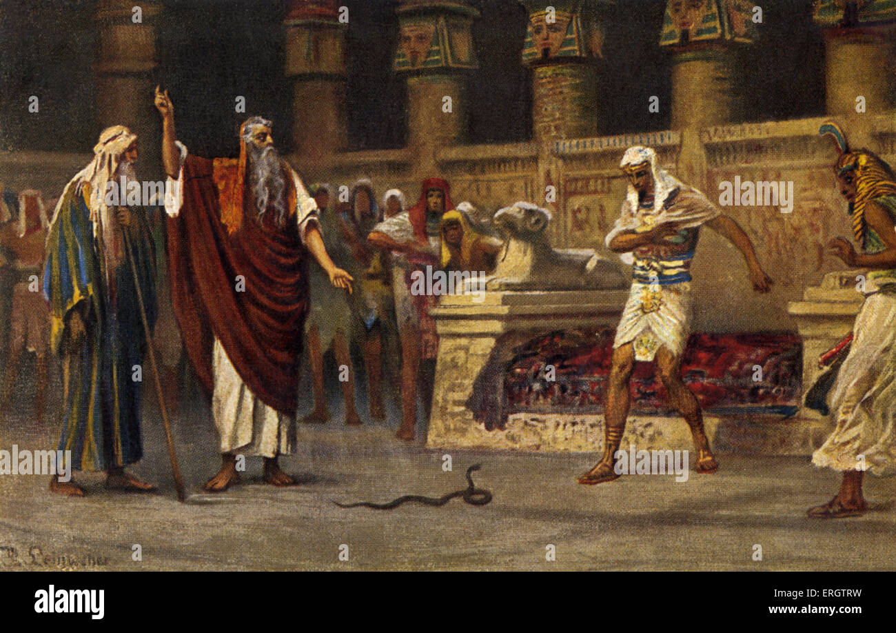 Moïse et Aaron rencontrez le Pharaon et Aaron tourne la tige dans un serpent. par Robert Leinweber. Artiste tchèque (1845 -1921) Banque D'Images