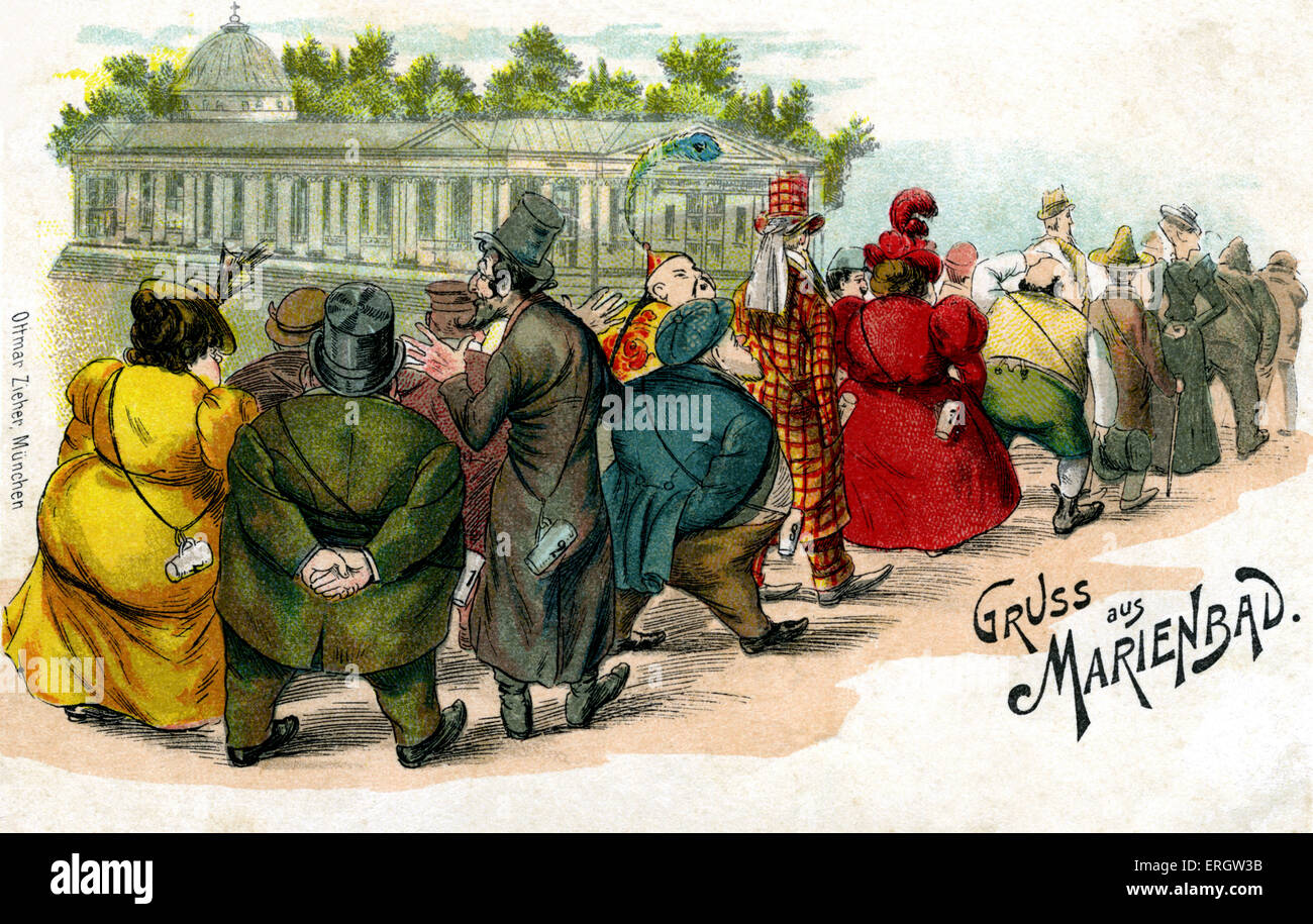 Spa Marienbad - carte de voeux. Les gens la queue pour prendre les eaux médicinales de la station thermale de la République tchèque. Banque D'Images