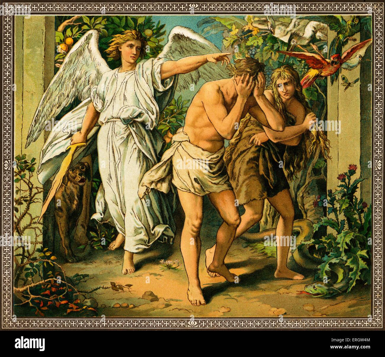 Adam et Ève chassés du paradis - après avoir mangé de l'arbre de la connaissance dans le jardin d'Eden. À partir de récits de l'Ancien Testament, Banque D'Images